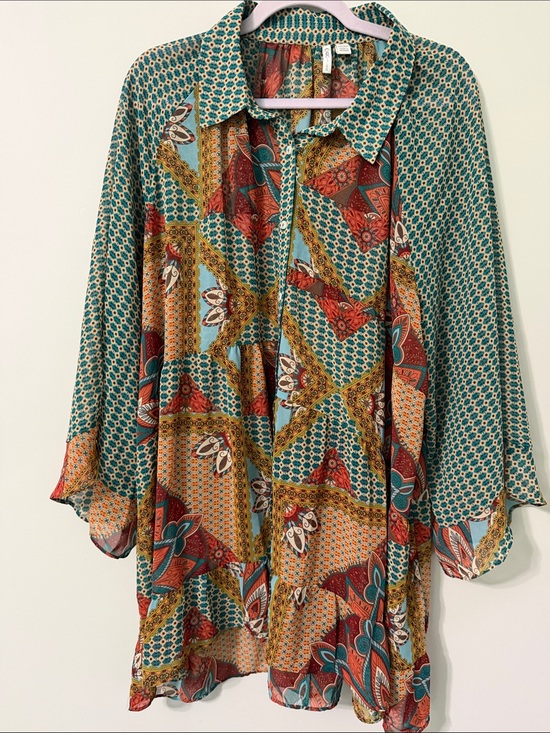 Cato Dresses & Skirts - Boho Patchwork Print Long Sleeve Tunic Shirt in Teal & Rust
